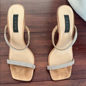 Aqua Tan Heels with Sparkling Rhinestone Strap - Few Rhinestones Missing Size 8